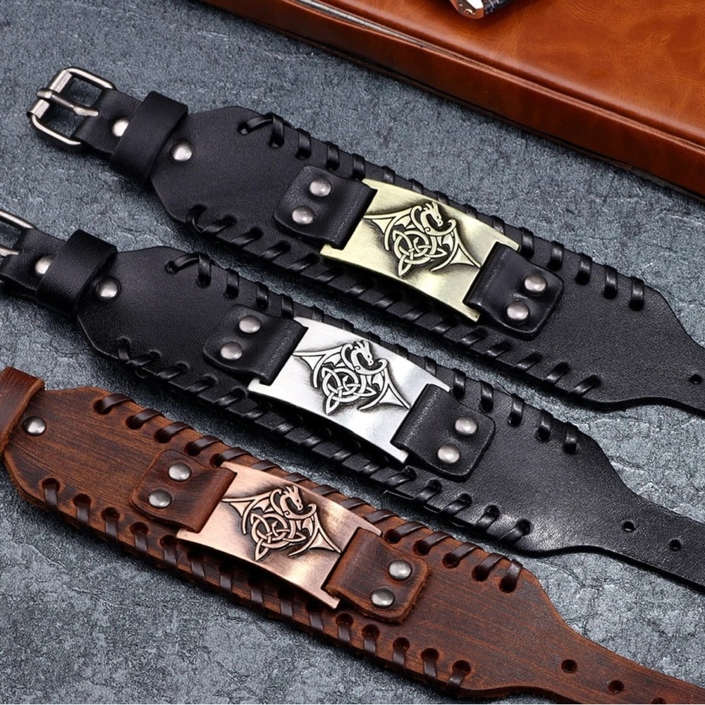 Men's Style Alloy Totem Charm Braided Leather Bracelet Wide Wristband